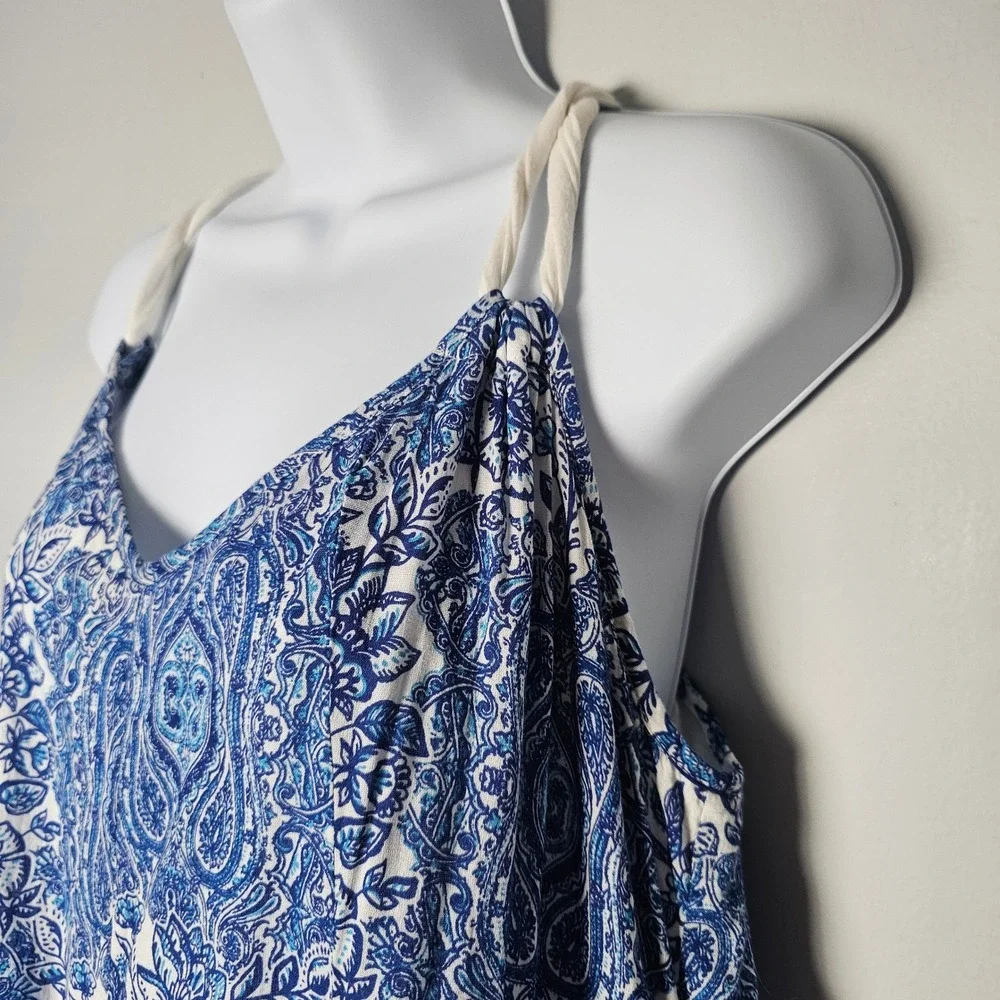 Garnet Hill Maxi Dress Womens PL Blue White Coastal Nautical Rope Strap Cotton - Picture 3 of 11